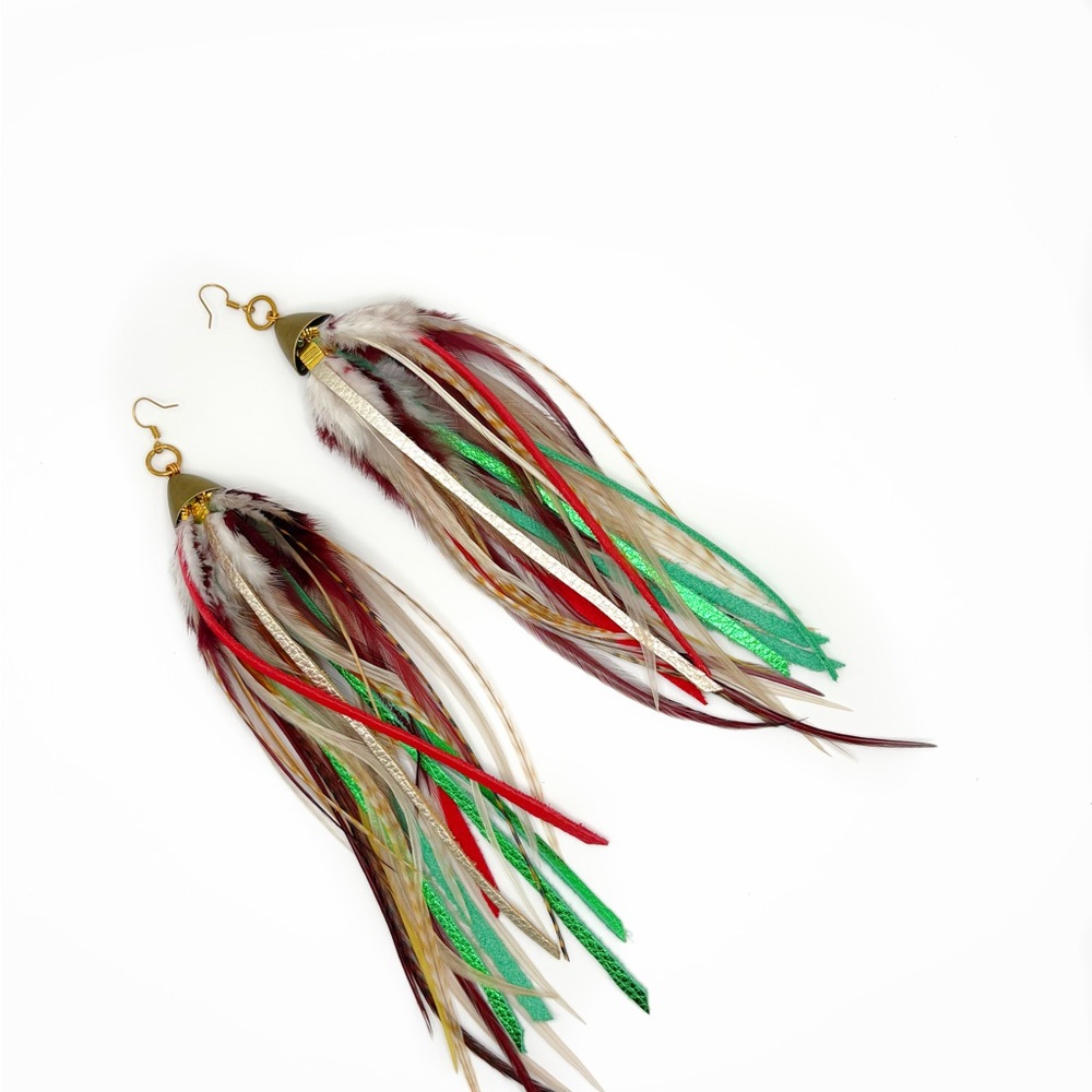 Feather & Leather Earrings in Natural Brown, Red & Green colors